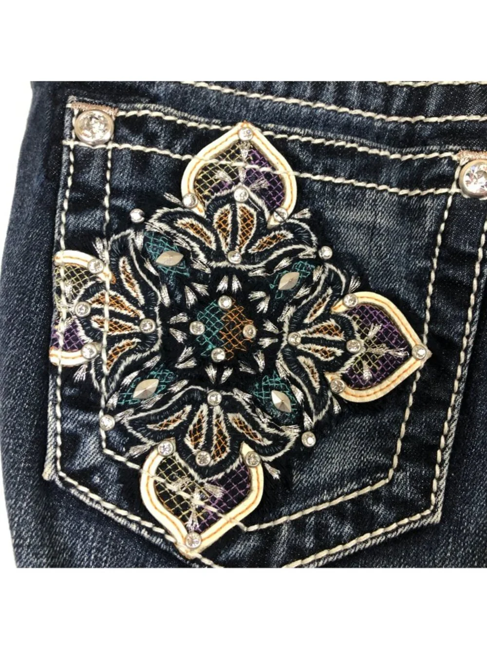 Miss Me Signature Straight Jeans Sz 26 X 33 Blue Denim Low Rise Embellished